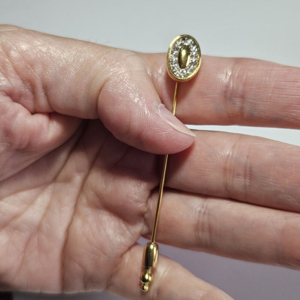 *Sale* Vintage Trifari Lapel Stick Pin Gold Tone Rhinestone Oval Hat Pin Signed